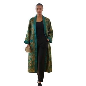 Longevity Vintage Brocade Asian Women's Duster Kimono Boho Hippie Green, Size 52
